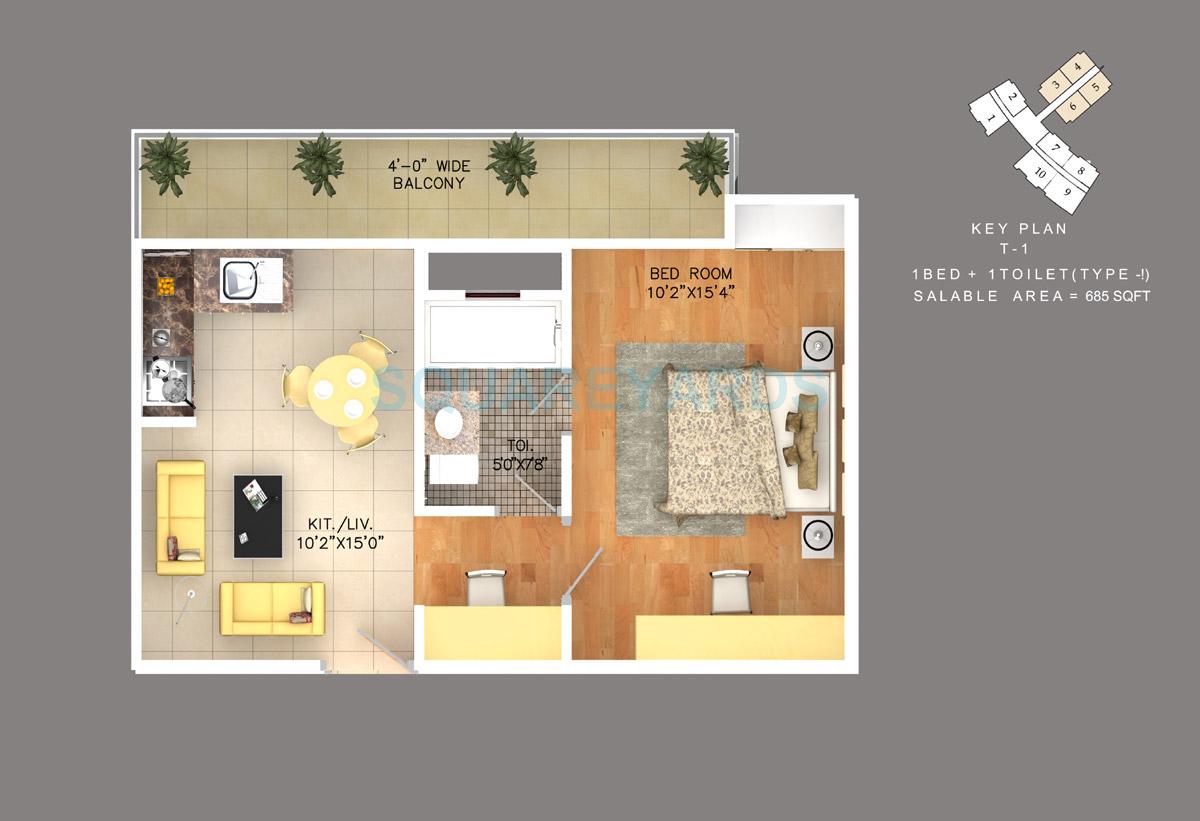 Floor plan of 1 BHK 685 Sq. Ft. Apartment in Rudra Skytracks, Greater Noida