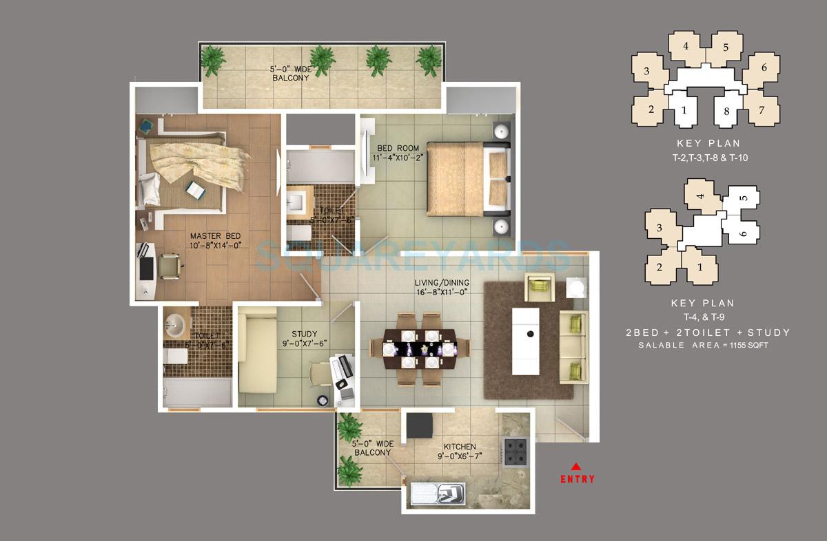 Floor plan of 2 BHK 1155 Sq. Ft. Apartment in Rudra Skytracks, Greater Noida
