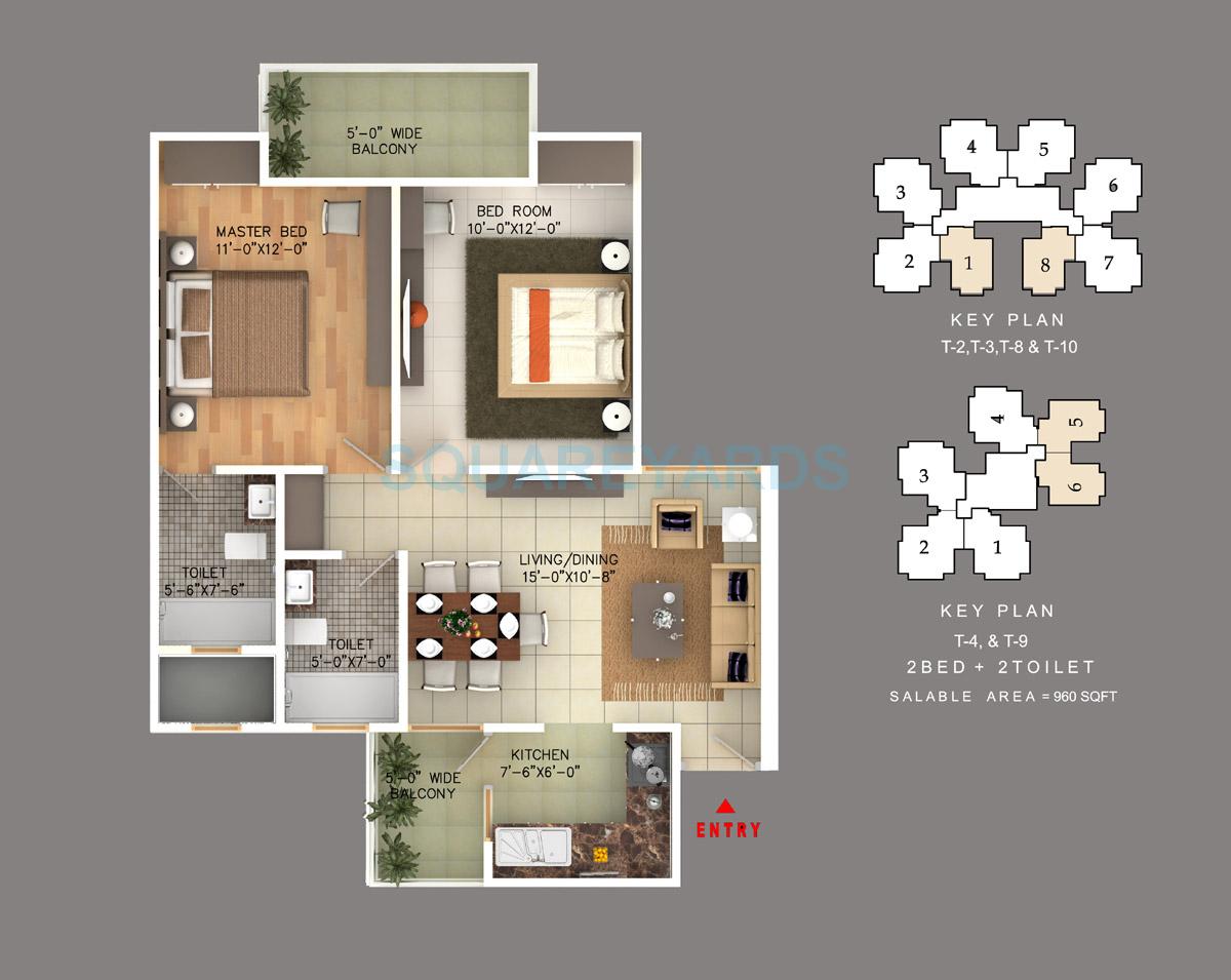 Floor plan of 2 BHK 960 Sq. Ft. Apartment in Rudra Skytracks, Greater Noida