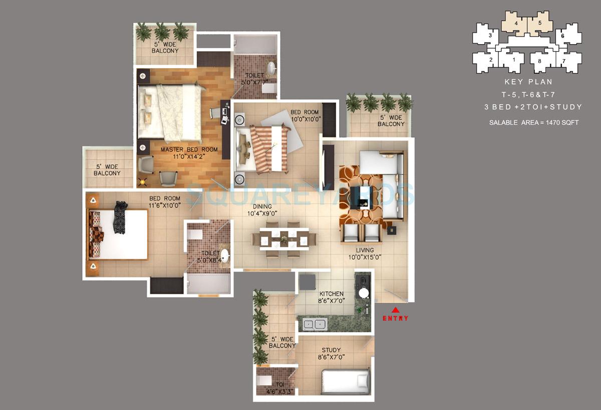Floor plan of 3 BHK 1470 Sq. Ft. Apartment in Rudra Skytracks, Greater Noida