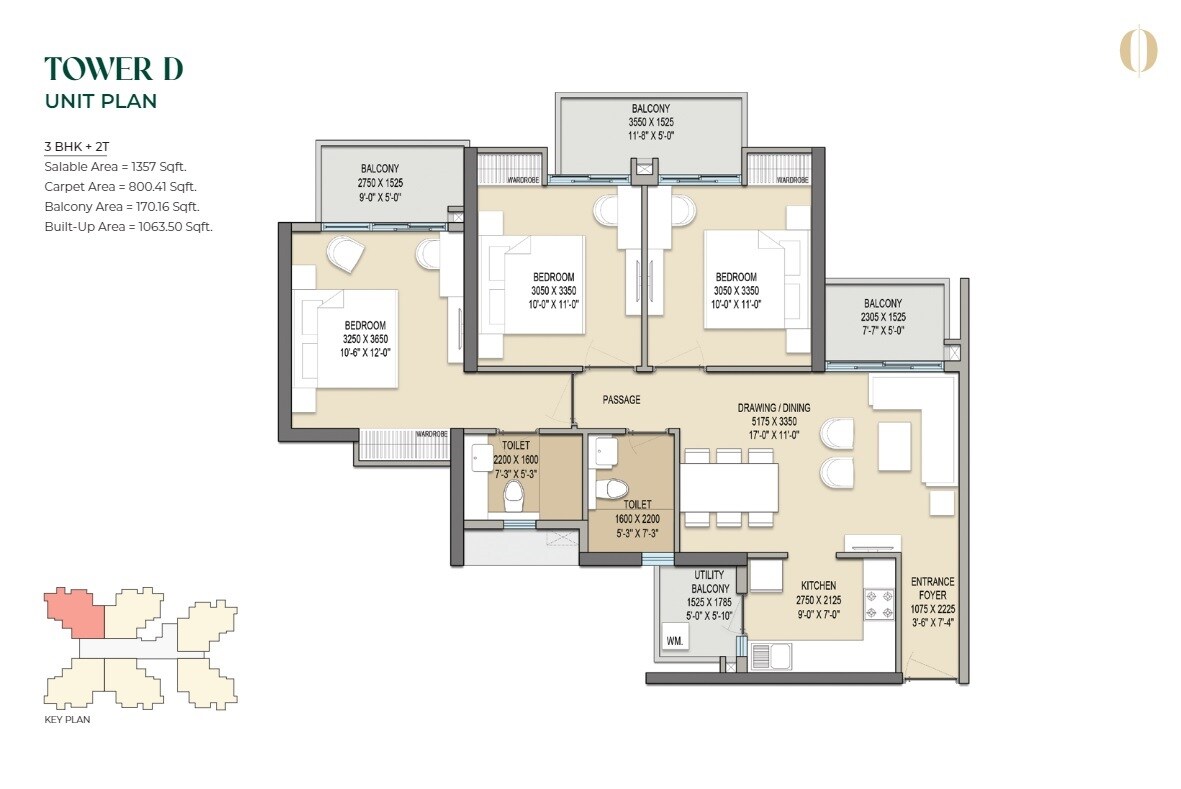 Floor plan of 3 BHK 1357 Sq. Ft. Apartment in Sam Palm Olympia, Greater Noida