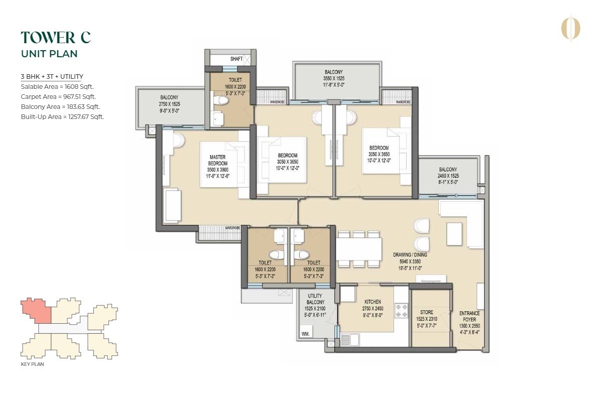 Floor plan of 3 BHK 1608 Sq. Ft. Apartment in Sam Palm Olympia, Greater Noida