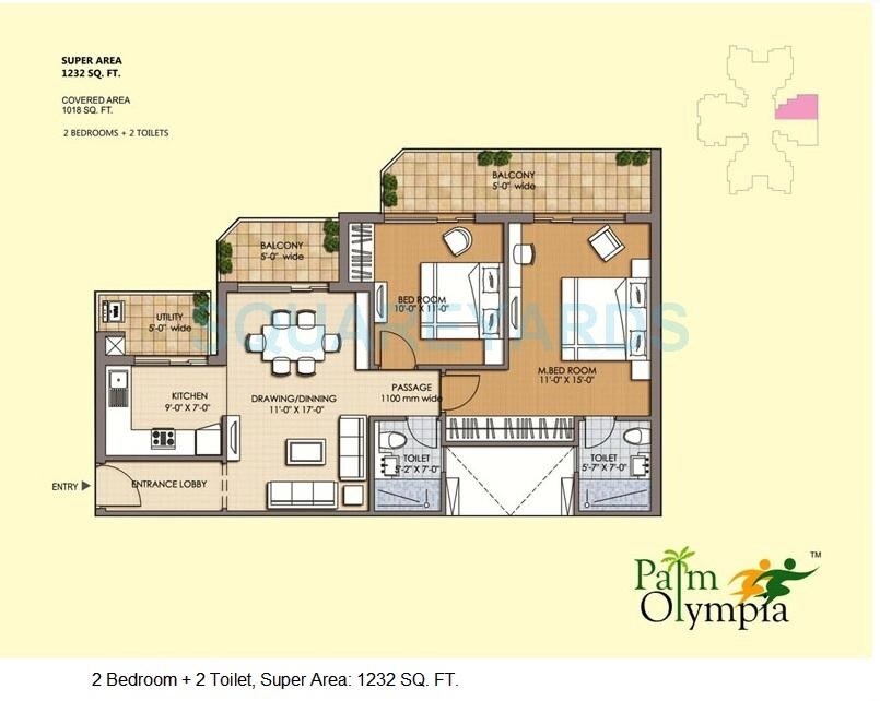 Floor plan of 2 BHK 1232 Sq. Ft. Apartment in Sam Palm Olympia Phase II, Greater Noida