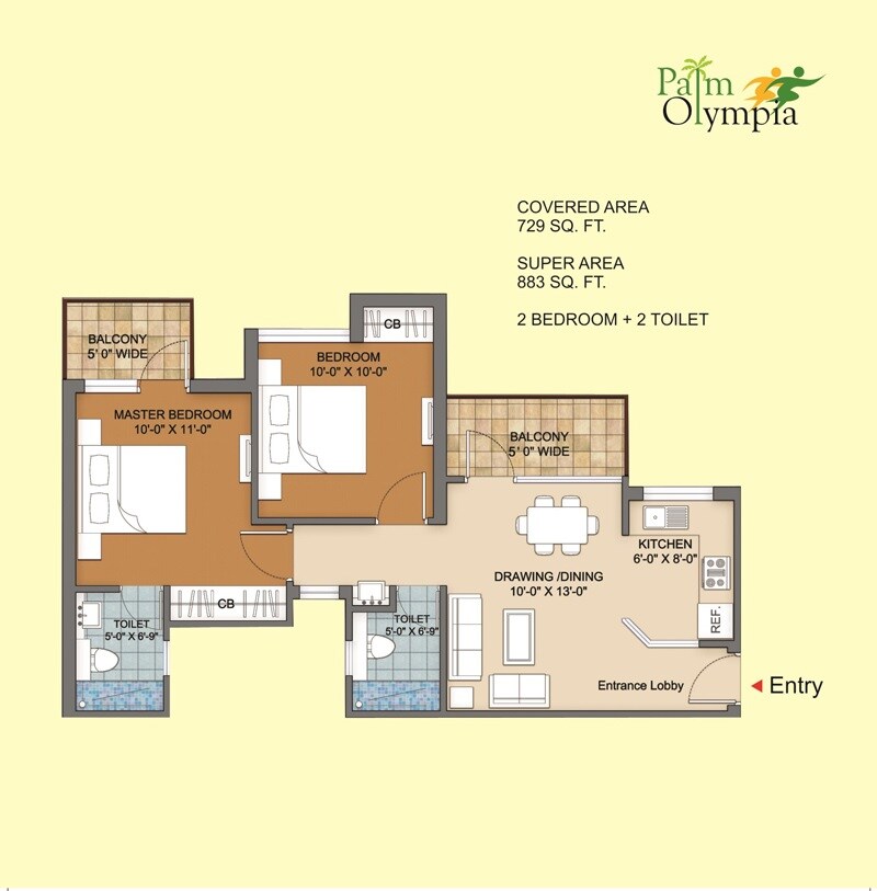 Floor plan of 2 BHK 883 Sq. Ft. Apartment in Sam Palm Olympia Phase II, Greater Noida