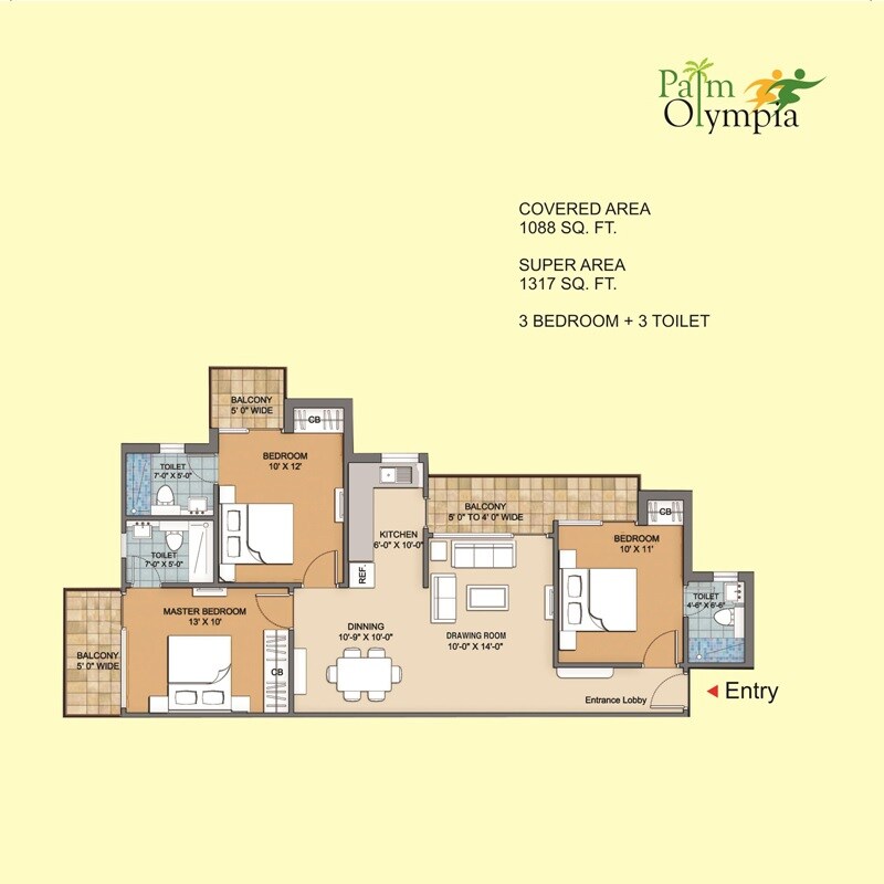 Floor plan of 3 BHK 1317 Sq. Ft. Apartment in Sam Palm Olympia Phase II, Greater Noida