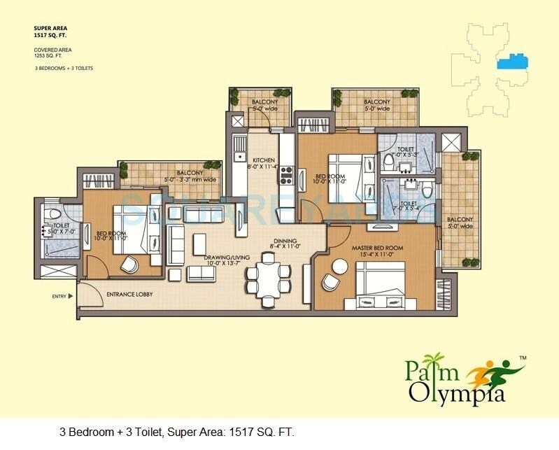 Floor plan of 3 BHK 1517 Sq. Ft. Apartment in Sam Palm Olympia Phase II, Greater Noida