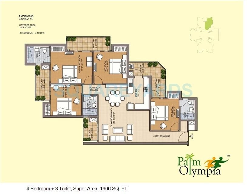 Floor plan of 4 BHK 1906 Sq. Ft. Apartment in Sam Palm Olympia Phase II, Greater Noida