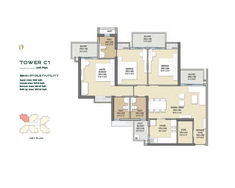 Floor plan of 3 BHK 1608 Sq. Ft. Apartment in Sam Palm Olympia Phase III, Greater Noida
