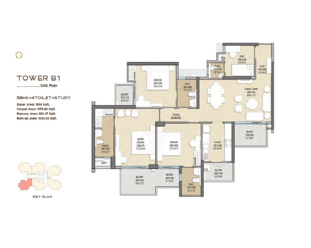 Floor plan of 3 BHK 1806 Sq. Ft. Apartment in Sam Palm Olympia Phase III, Greater Noida