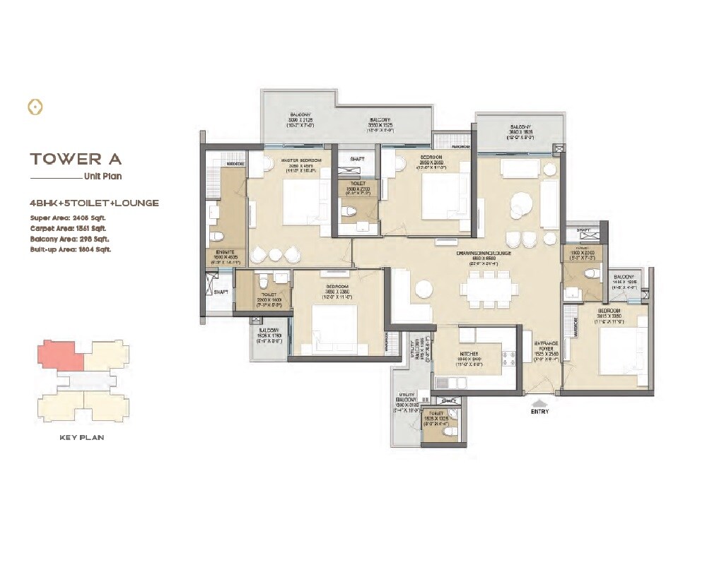 Floor plan of 4 BHK 2405 Sq. Ft. Apartment in Sam Palm Olympia Phase III, Greater Noida