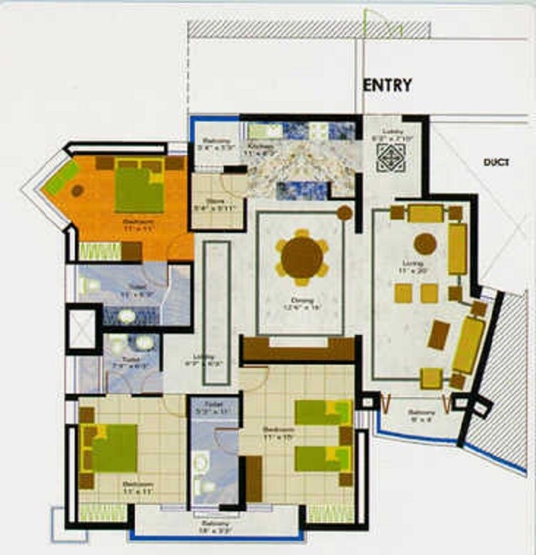 Floor plan of 3 BHK 2430 Sq. Ft. Apartment in Samiah Singapore Residency, Greater Noida