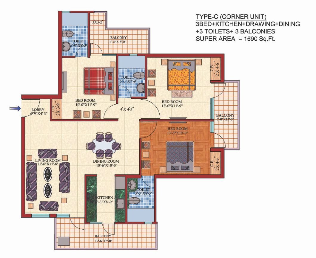 3 BHK 1690 Sq. Ft. Apartment