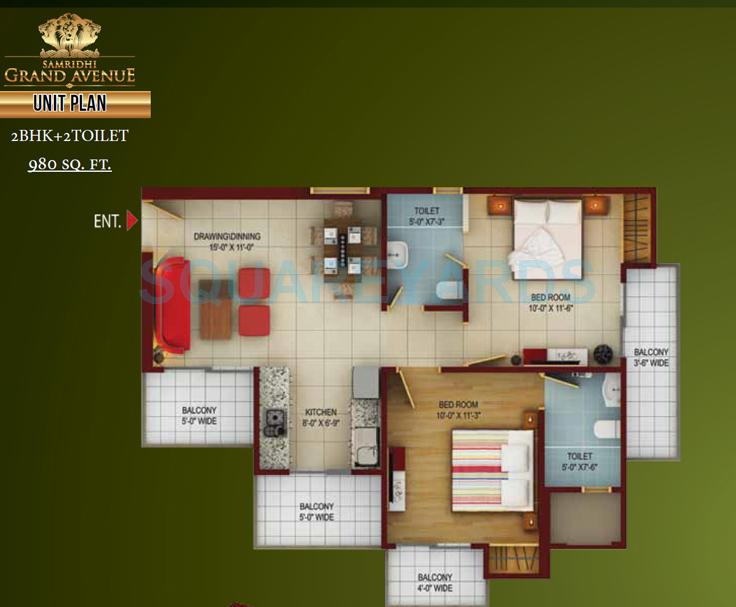 Floor plan of 2 BHK 980 Sq. Ft. Apartment in Samridhi Grand Avenue, Greater Noida