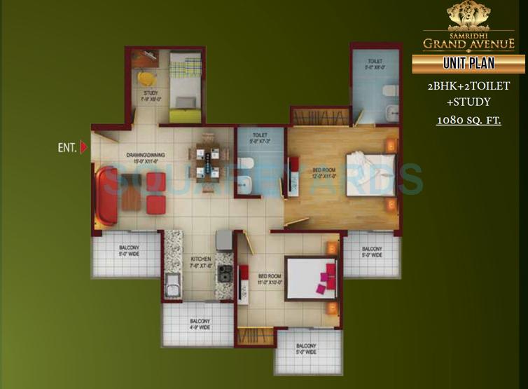 Floor plan of 2 BHK 1080 Sq. Ft. Apartment in Samridhi Grand Avenue, Greater Noida