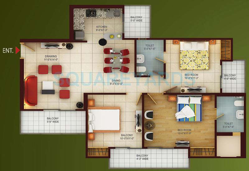 Floor plan of 3 BHK 1380 Sq. Ft. Apartment in Samridhi Grand Avenue, Greater Noida
