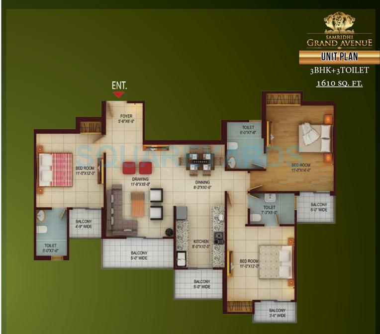 Floor plan of 3 BHK 1610 Sq. Ft. Apartment in Samridhi Grand Avenue, Greater Noida