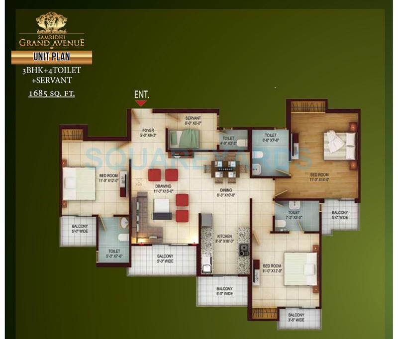 Floor plan of 3 BHK 1685 Sq. Ft. Apartment in Samridhi Grand Avenue, Greater Noida