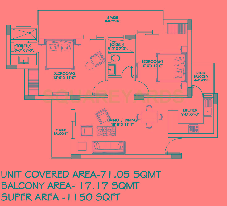 Floor plan of 2 BHK 1150 Sq. Ft. Apartment in Sarvottam NX One, Greater Noida