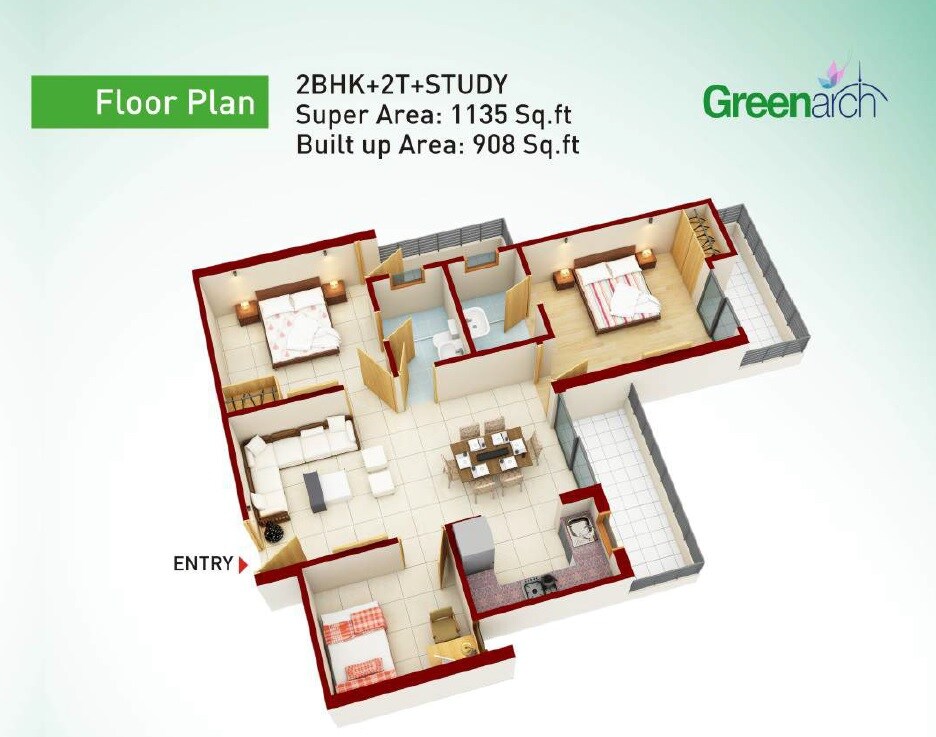 Floor plan of 2 BHK 1135 Sq. Ft. Apartment in Saviour Green Arch, Greater Noida