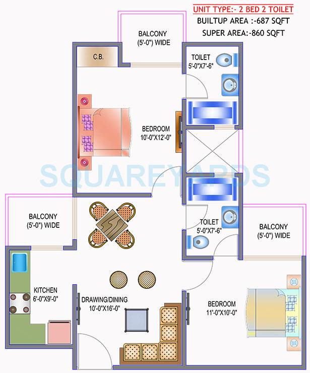 Floor plan of 2 BHK 860 Sq. Ft. Apartment in Saviour Green Arch, Greater Noida