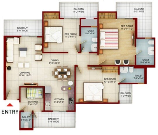 Floor plan of 3 BHK 1890 Sq. Ft. Apartment in Saviour Green Arch, Greater Noida