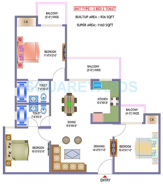Floor plan of 3 BHK 1160 Sq. Ft. Apartment in Saviour Green Arch, Greater Noida