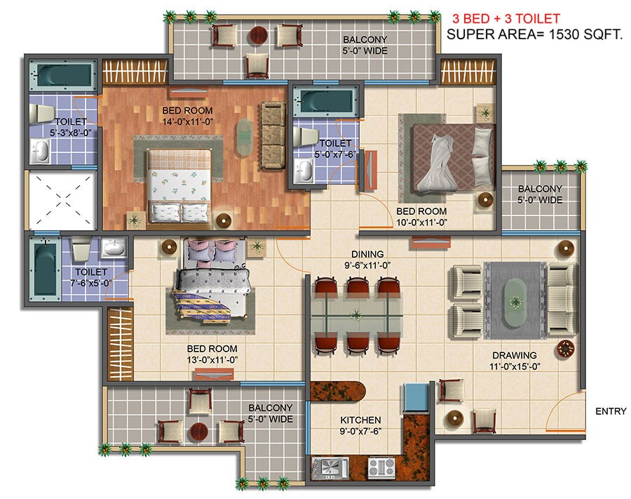 Floor plan of 3 BHK 1530 Sq. Ft. Apartment in Saviour Green Arch, Greater Noida