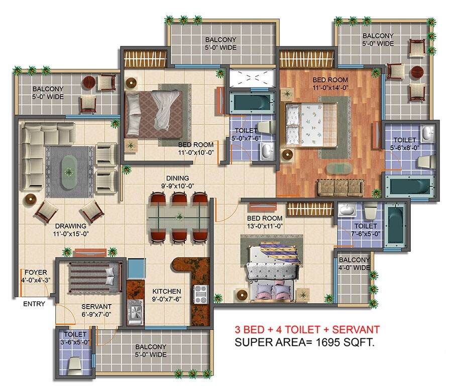 Floor plan of 3 BHK 1695 Sq. Ft. Apartment in Saviour Green Arch, Greater Noida