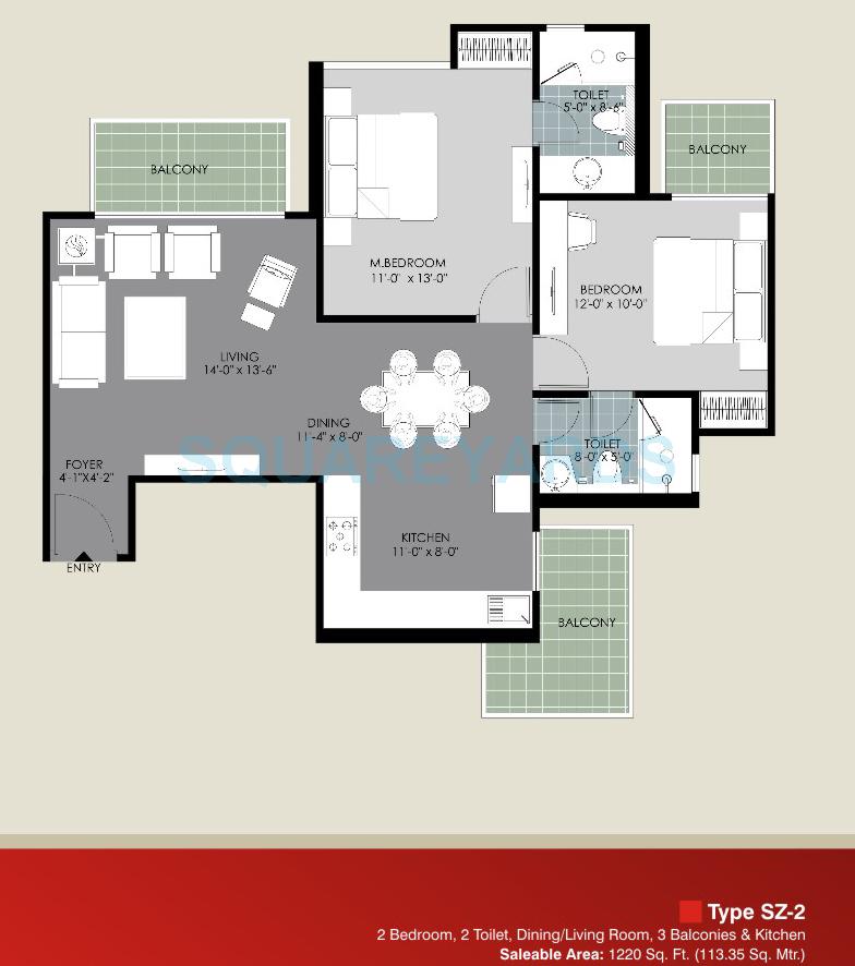 Floor plan of 2 BHK 1220 Sq. Ft. Apartment in Saya Zion, Greater Noida