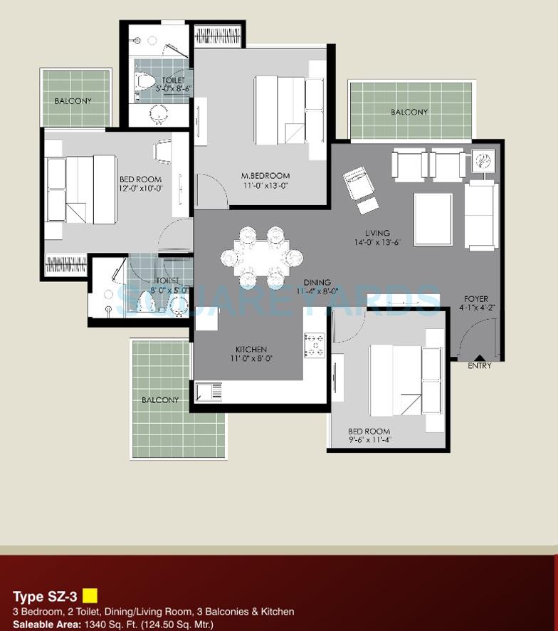 Floor plan of 3 BHK 1340 Sq. Ft. Apartment in Saya Zion, Greater Noida