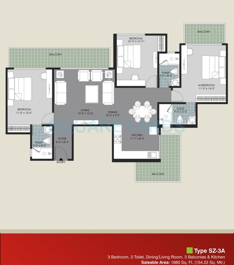 Floor plan of 3 BHK 1660 Sq. Ft. Apartment in Saya Zion, Greater Noida
