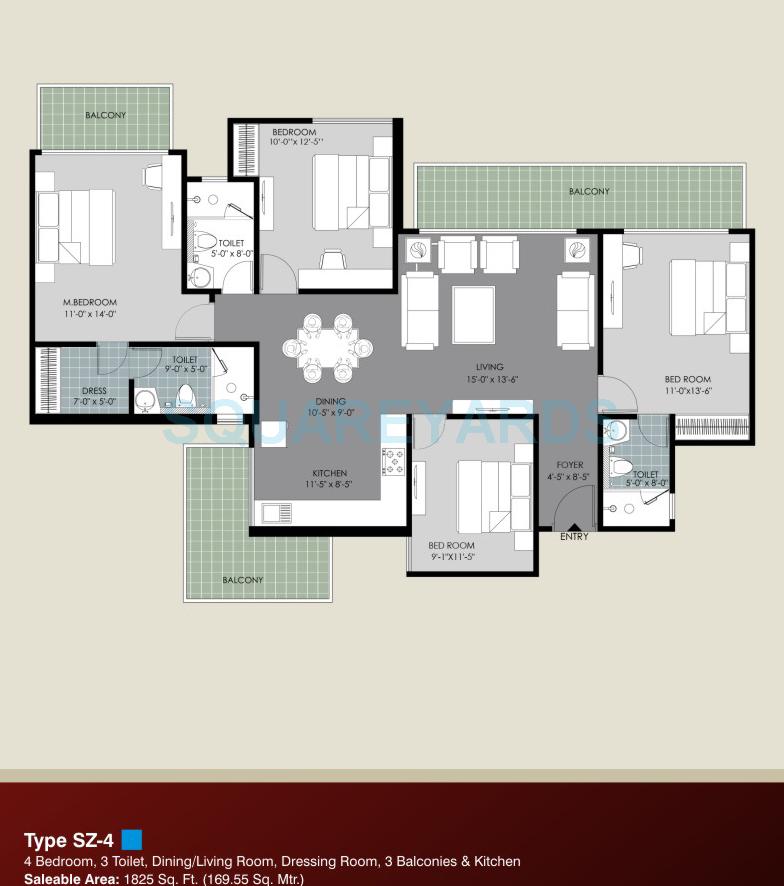 Floor plan of 4 BHK 1825 Sq. Ft. Apartment in Saya Zion, Greater Noida