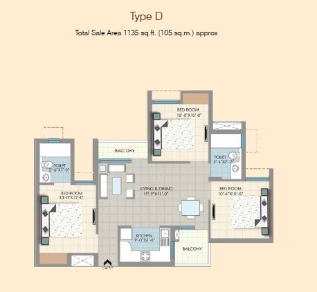 Floor plan of 2 BHK 1135 Sq. Ft. Apartment in SDS NRI Residency Omega II, Greater Noida