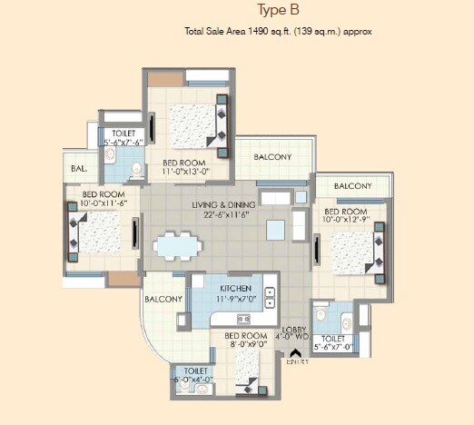 Floor plan of 3 BHK 1490 Sq. Ft. Apartment in SDS NRI Residency Omega II, Greater Noida