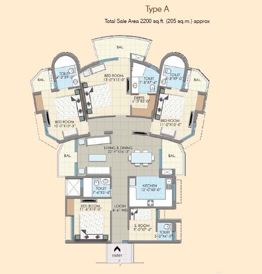 Floor plan of 4 BHK 2200 Sq. Ft. Apartment in SDS NRI Residency Omega II, Greater Noida