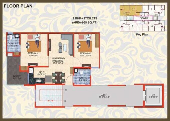 Floor plan of 2 BHK 965 Sq. Ft. Apartment in Shree Brahma Ashoka Greens, Greater Noida