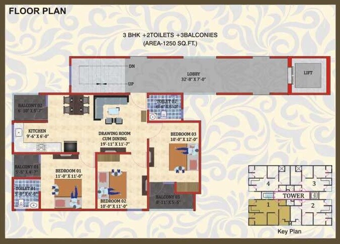 Floor plan of 3 BHK 1250 Sq. Ft. Apartment in Shree Brahma Ashoka Greens, Greater Noida