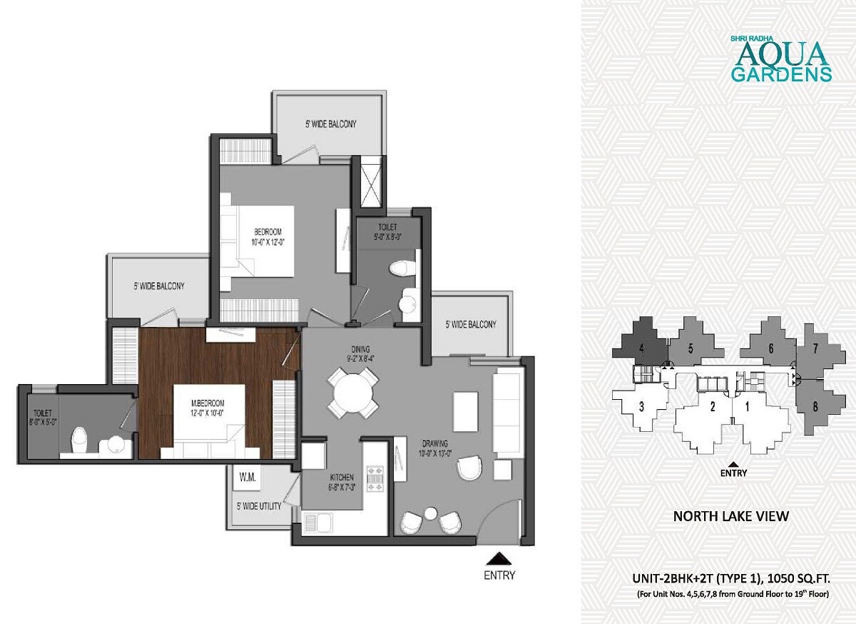 Floor plan of 2 BHK 1050 Sq. Ft. Apartment in Shri Radha Aqua Garden, Greater Noida