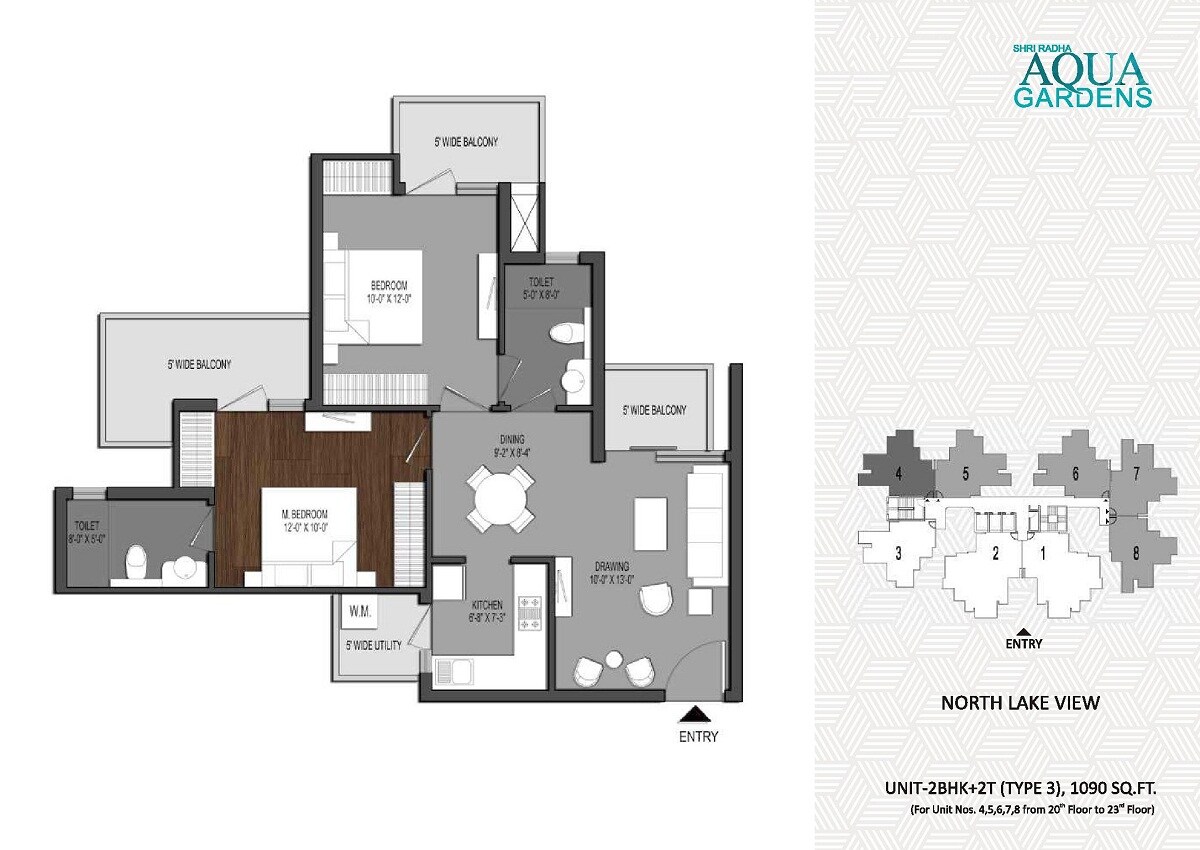 Floor plan of 2 BHK 1090 Sq. Ft. Apartment in Shri Radha Aqua Garden, Greater Noida