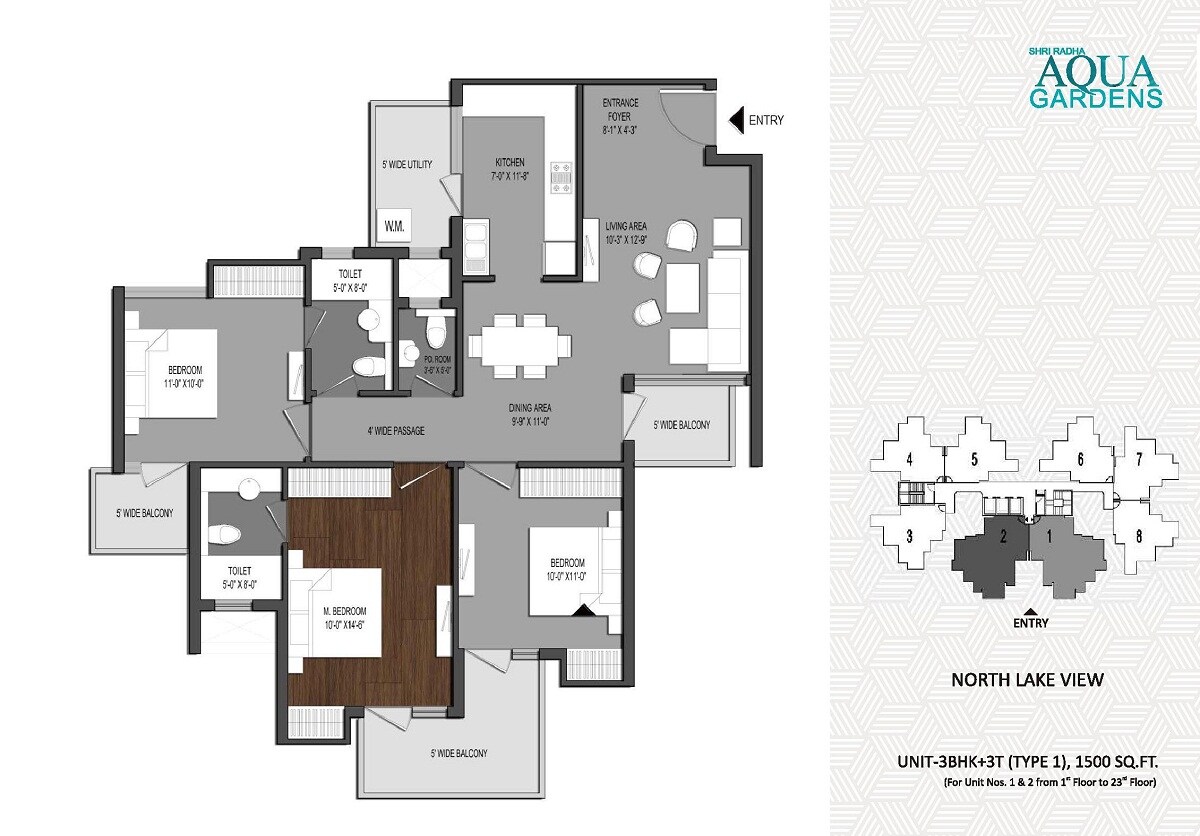 Floor plan of 3 BHK 1500 Sq. Ft. Apartment in Shri Radha Aqua Garden, Greater Noida