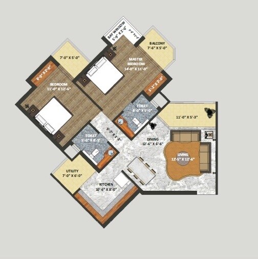 Floor plan of 2 BHK 1182 Sq. Ft. Apartment in Shri Radha Sky Gardens, Greater Noida