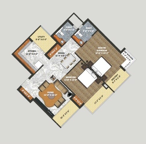 Floor plan of 2 BHK 1286 Sq. Ft. Apartment in Shri Radha Sky Gardens, Greater Noida