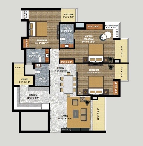 Floor plan of 3 BHK 1465 Sq. Ft. Apartment in Shri Radha Sky Gardens, Greater Noida