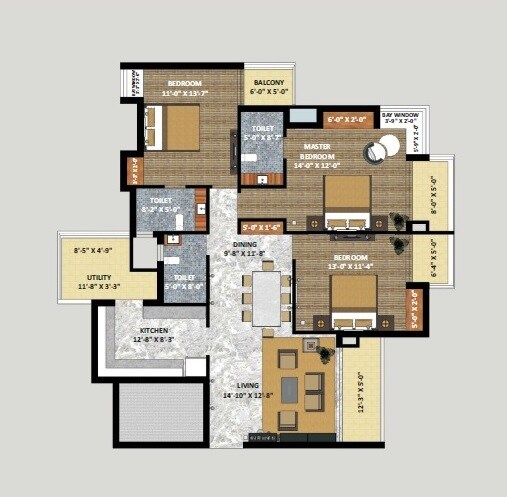Floor plan of 3 BHK 2619 Sq. Ft. Apartment in Shri Radha Sky Gardens, Greater Noida