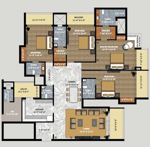 Floor plan of 4 BHK 3135 Sq. Ft. Apartment in Shri Radha Sky Gardens, Greater Noida
