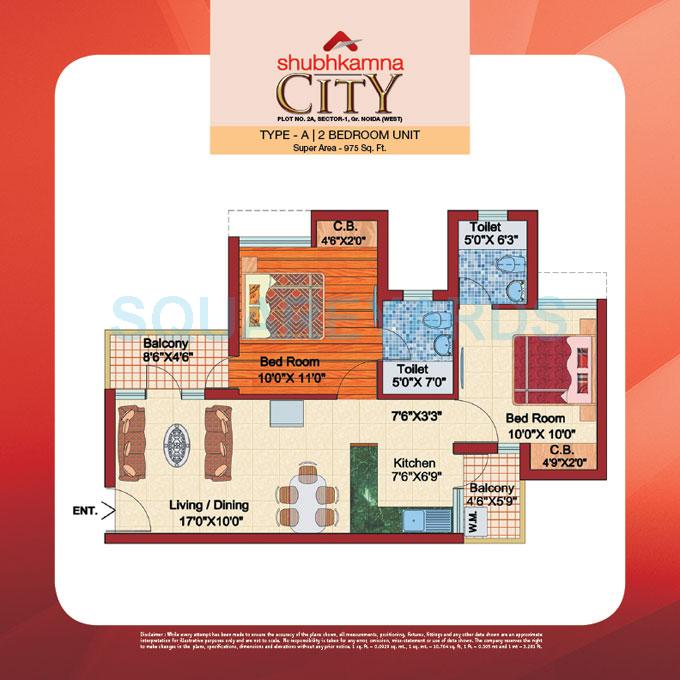 Floor plan of 2 BHK 975 Sq. Ft. Apartment in Shubhkamna City, Greater Noida