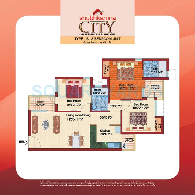 Floor plan of 3 BHK 1325 Sq. Ft. Apartment in Shubhkamna City, Greater Noida