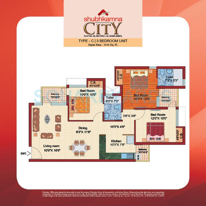 Floor plan of 3 BHK 1515 Sq. Ft. Apartment in Shubhkamna City, Greater Noida
