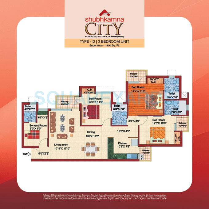 Floor plan of 3 BHK 1850 Sq. Ft. Apartment in Shubhkamna City, Greater Noida