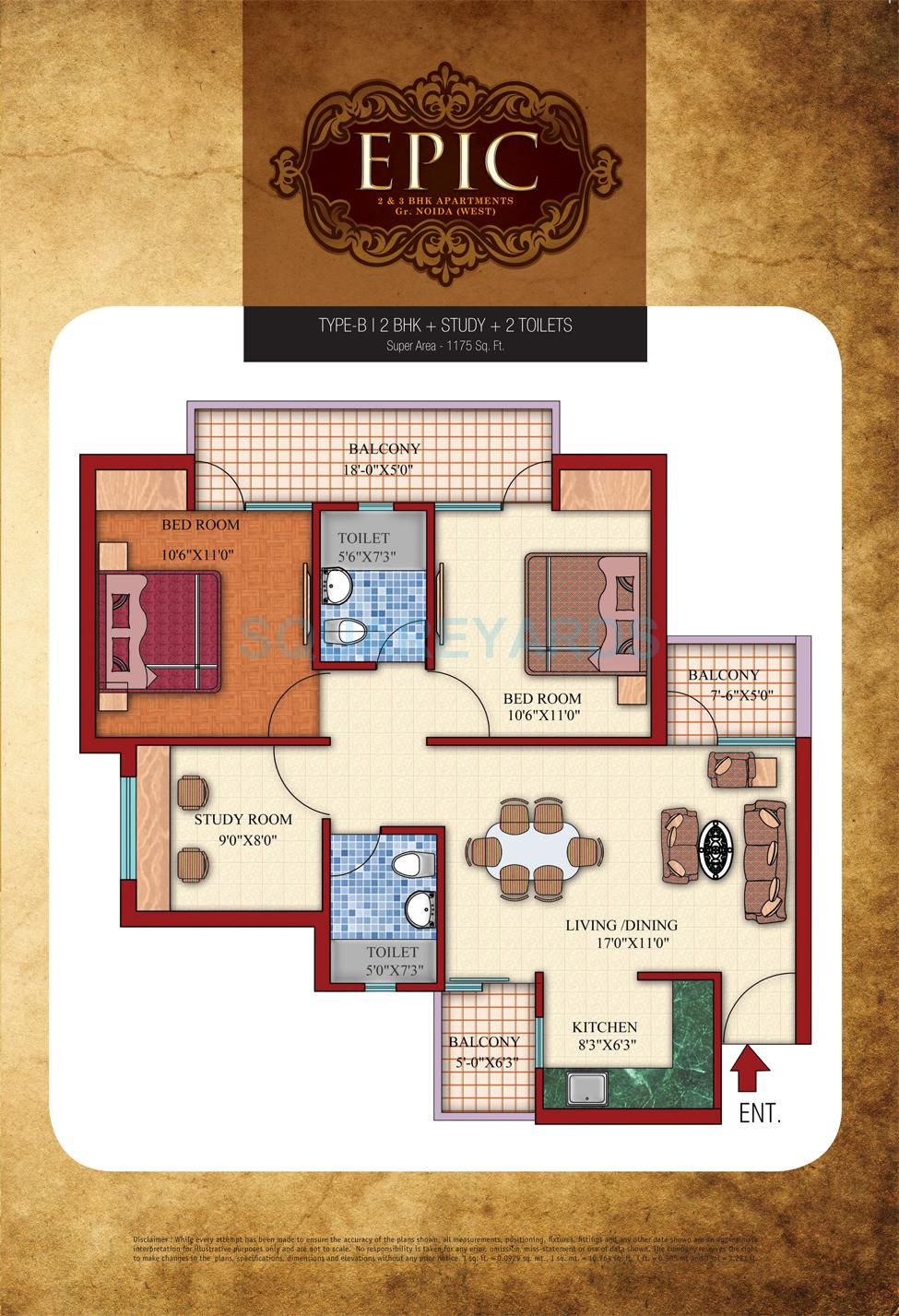 Floor plan of 2 BHK 1175 Sq. Ft. Apartment in Shubhkamna Epic, Greater Noida